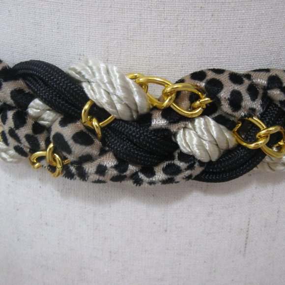 Leopard Print Braided Stretch Cord Belt Black White Gold Chain fits 36-44" waist - Picture 3 of 5